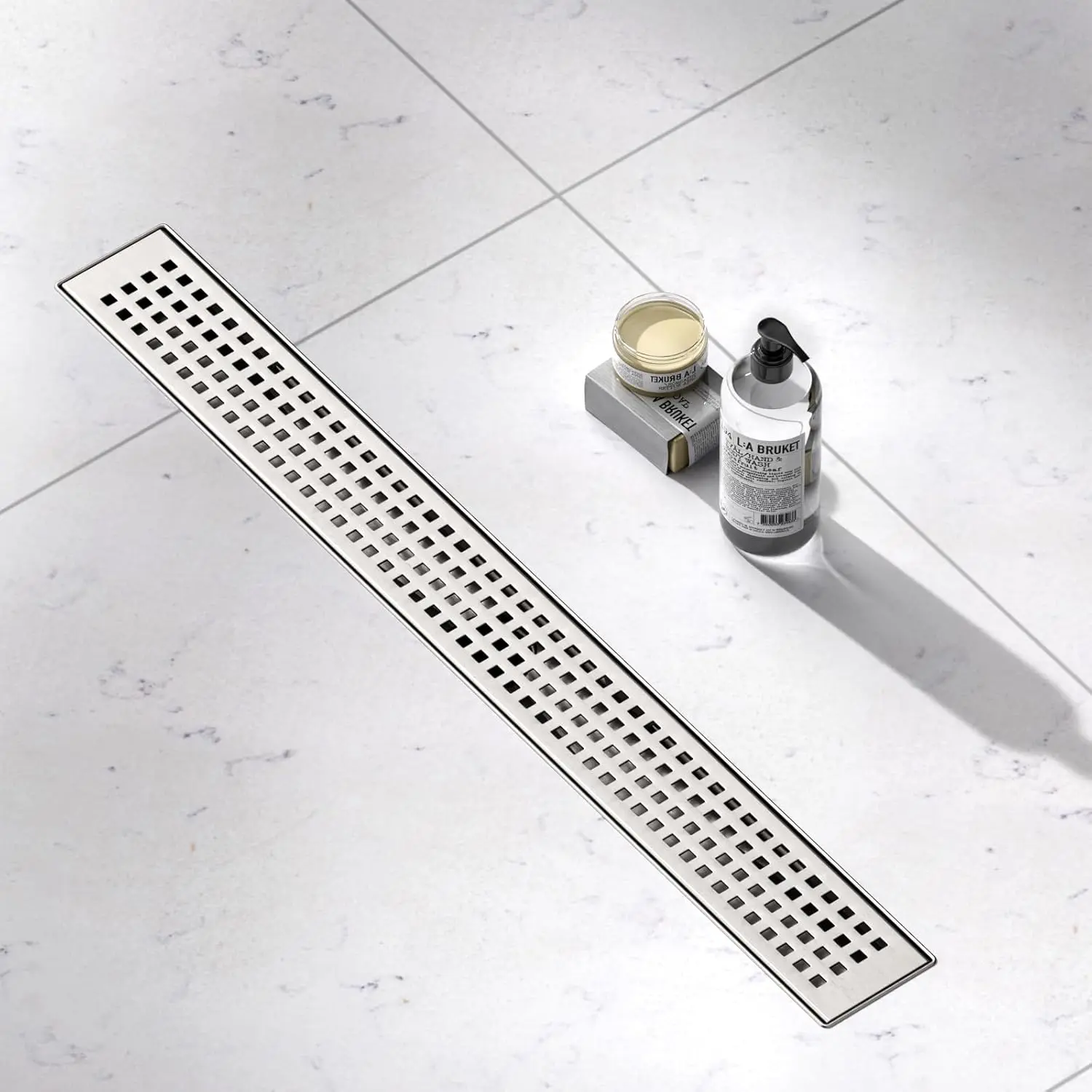 Linear Shower Drain, 24 Inch Linear Drain with Brick  Grate 304 Stainless Steel Shower Drains, Rectangular Shower Floor Drain w/Leveling , Hair  for Bathroom and Balcony Brushed Nickel