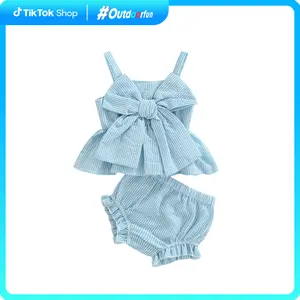 Baby Shorts Set Striped Print Big Bow Embellished Sleeveless Sling Tops + High Waist Stretch Shorts Clothing Romper Cute Outdoorfun