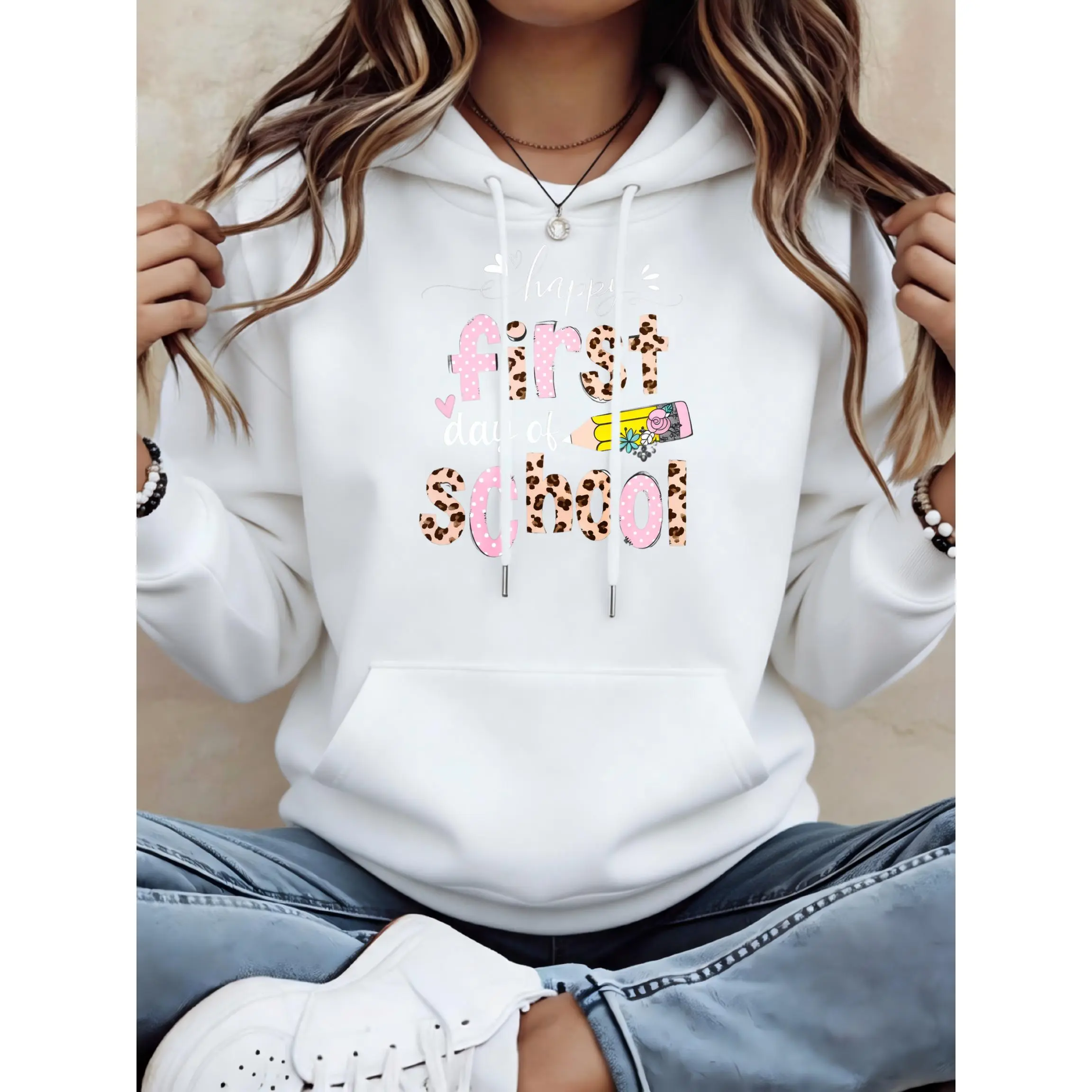 Women's Happy First Day Of School Unisex Oversized Hoodie | Soft Breathable Cotton Blend Pullover | Trendy Cozy Loungewear & Streetwear For Daily, Gym, Travel & Fall Vibes