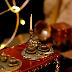 Exquisite Miniature Victorian-Style Tableware Set, 1:12 Scale Vintage Openwork Metal, Includes Candlestick, Teapot, Coffee Cup, Tray, Bronze Color