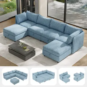 U-Shaped Chenille Modular Sectional Sofa - 4-8 Seat Indoor Living Room Furniture, Convertible with Chaise, Storage Ottoman & Storage Organizer, Blue Couch