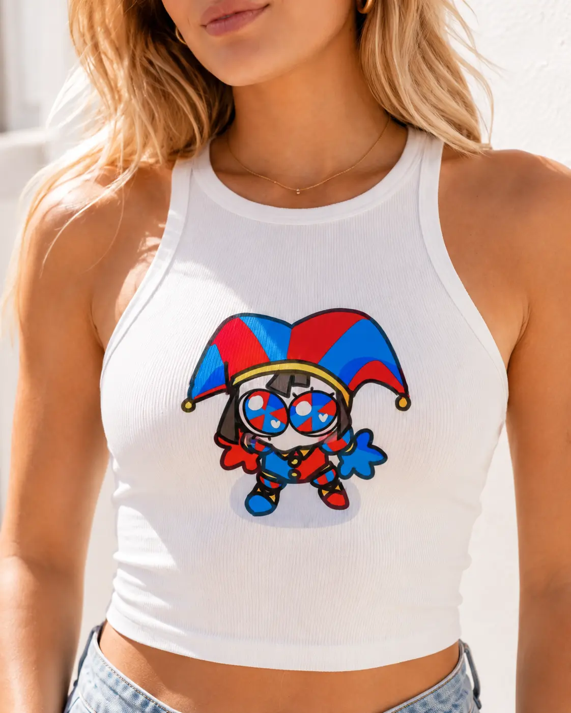 Women’s White Jester Cartoon Graphic Crop Tank Top, Sleeveless Fitted Summer Shirt for Festivals, Parties, Streetwear and Casual Everyday Wear