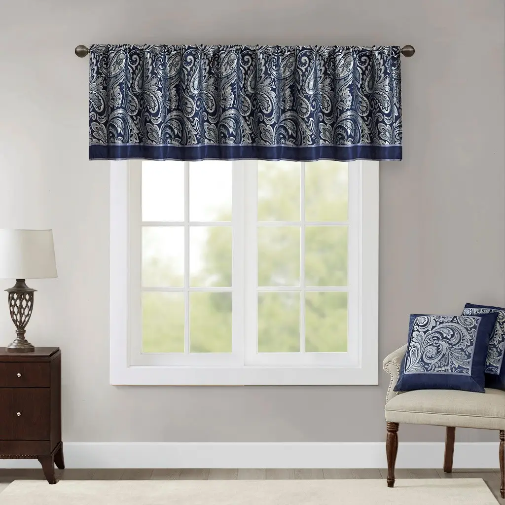 Decorative Window Valance in Navy Jacquard, 50x18 Inches, Light-Filtering Top Treatment for Living Room, Bedroom, Kitchen
