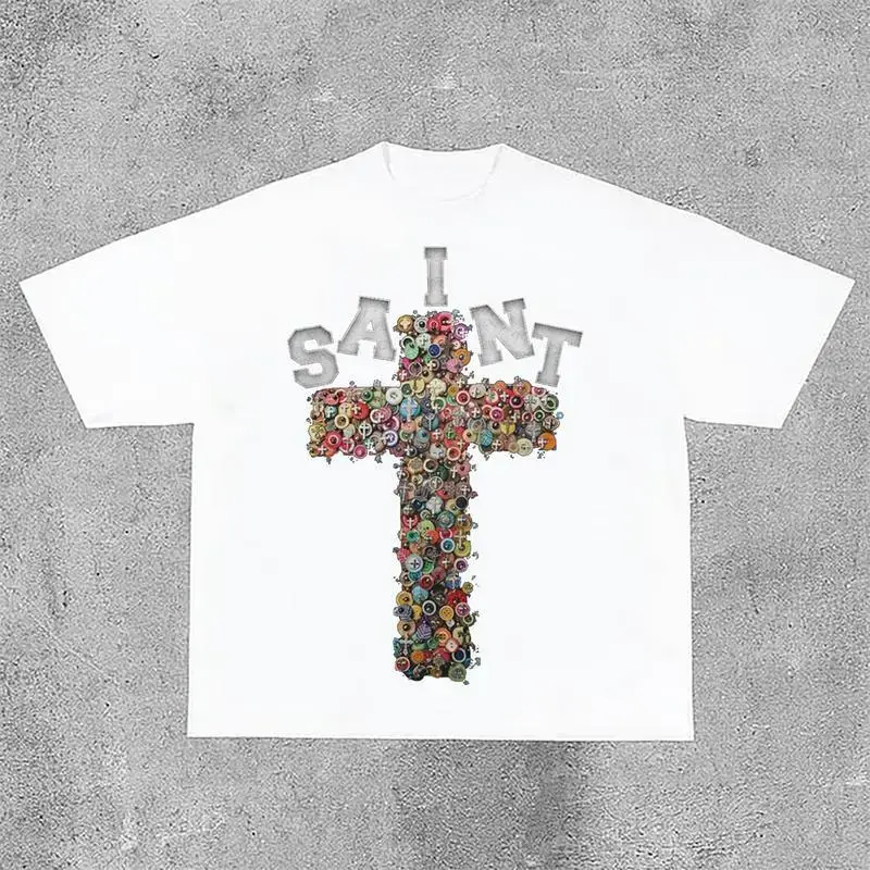 Vintage Saint Cross Graphics Printed Cotton T-Shirt Y2K Graphic Tees Vintage Graphic Tees Soft Top  zzw06