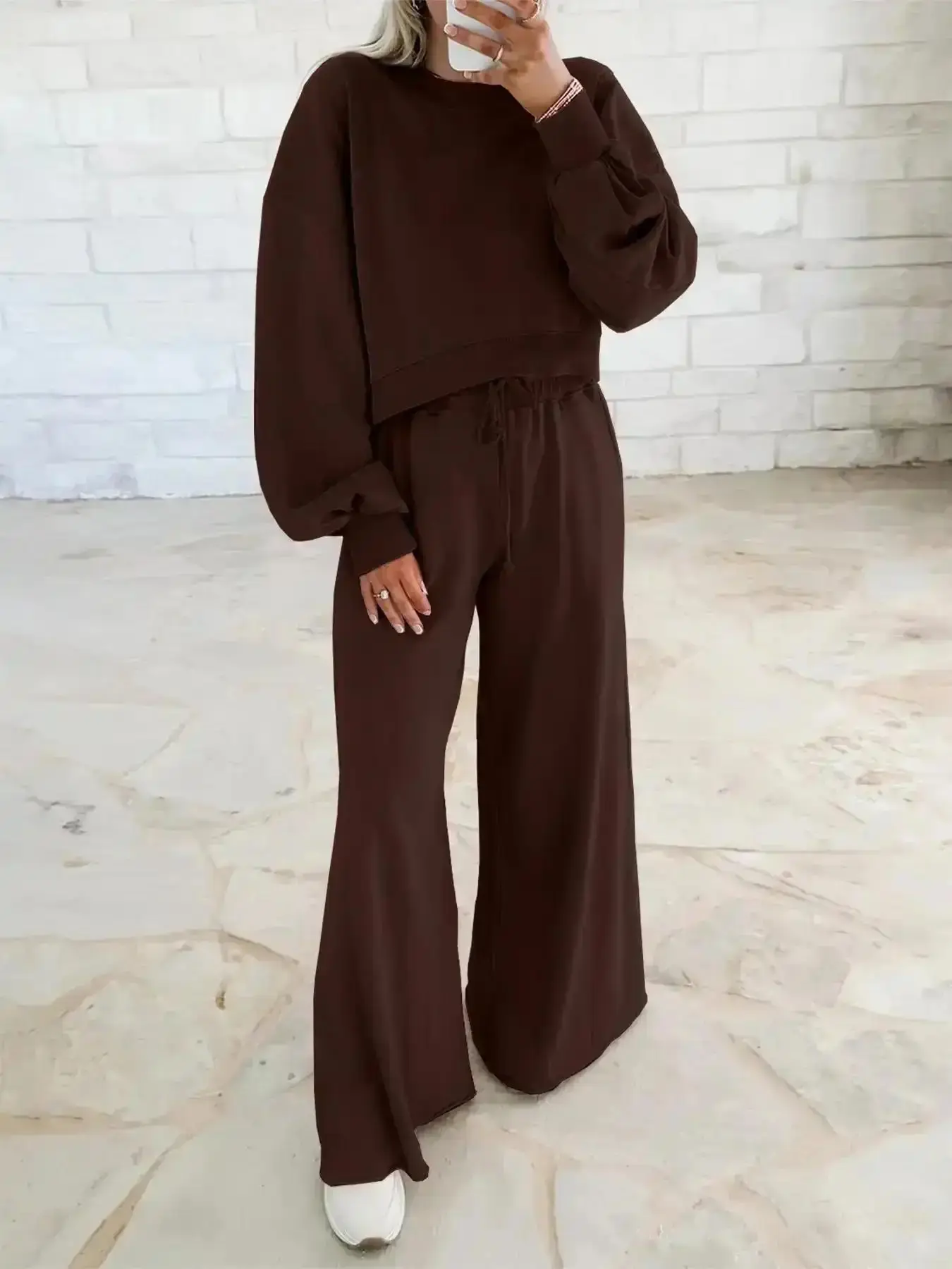 New Women's Fall Winter Drop Shoulder Bubble Sleeve Short Pullover Sweater Adjustable Drawstring Wide Leg Pants Set, Casual Fitted Outfit, Comfort, Coord Set, Versatile, Wear, Style, Essential, Trendy