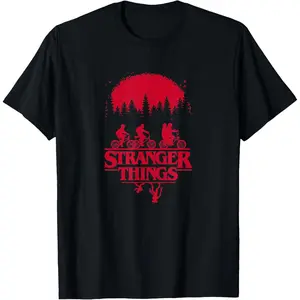 Stranger Things Group Shot Bike Ride Upside Down Silhouette T-Shirt
