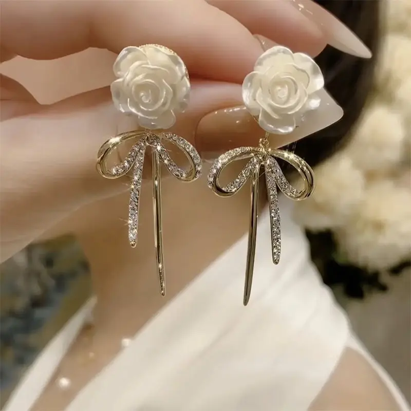 Women's Gold High-Grade Light Luxury Camellia Metal Bowknot Statement Earrings - French Retro Long Tassel Natural Crystal Ethnic Jewelry Accessories, Elegant Adult Fashion Pieces, Choking Hazard Small Parts, DZEH4950, Adults