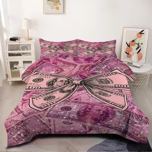 2/3Pcs Luxury Pink Bow Comforter Set, Eye-Catching $100 Bill Glittery  Bedding Set with Sparkling Design, Perfect for Stylish Bedroom Decor, Emphasizing Wealth and Abundance，1 or 2 Pillowcase No Pillow Core