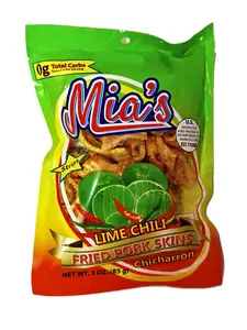 Mia's Snacks Fried Pork Skins Lime Chili Flavor 3 oz Bag Chicharron Snack