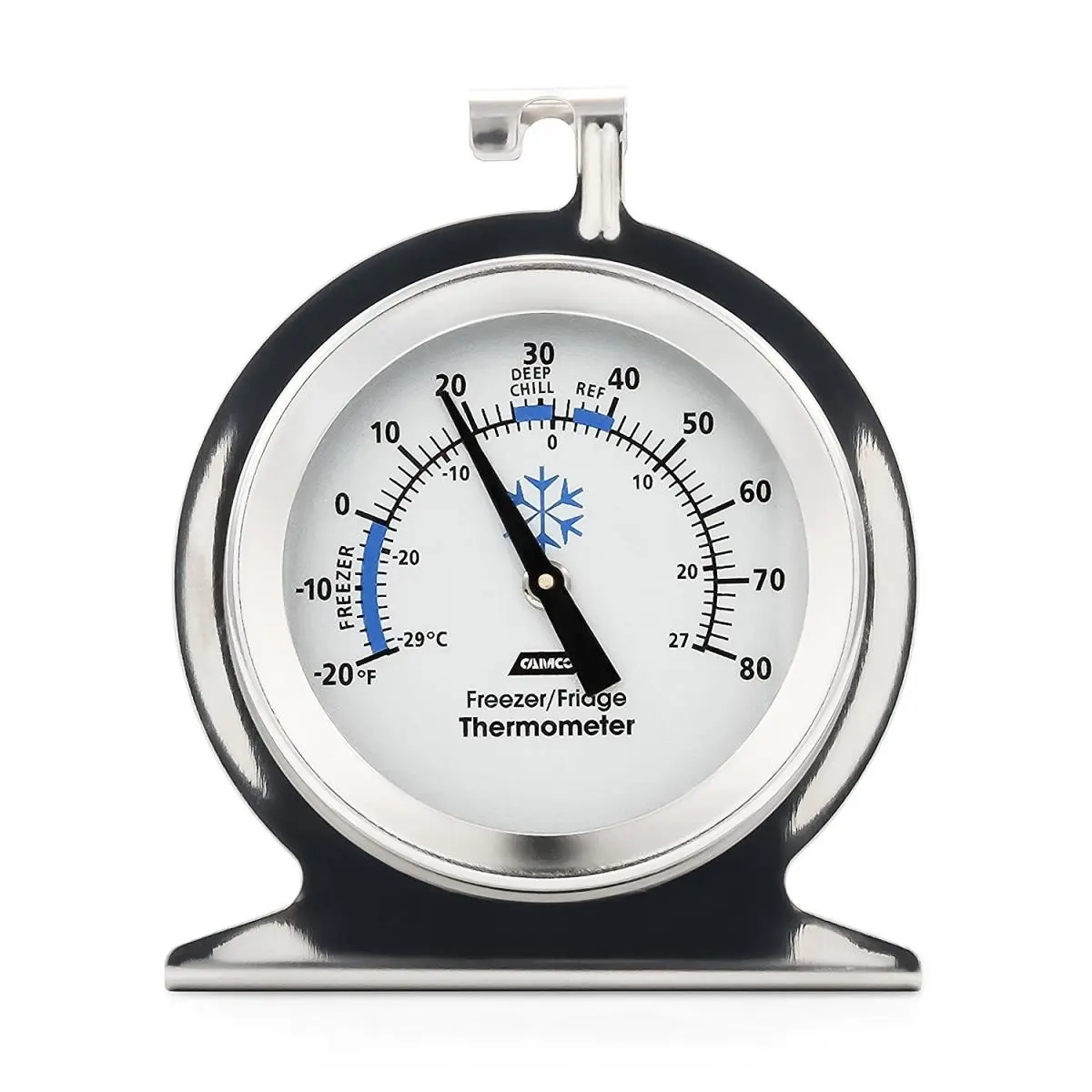 Camco Stainless Steel Refrigerator-Freezer Temperature Thermometer - Easy Read Dial, Hooks for Hanging or Standing, Home Use Essential Kitchen Utensil