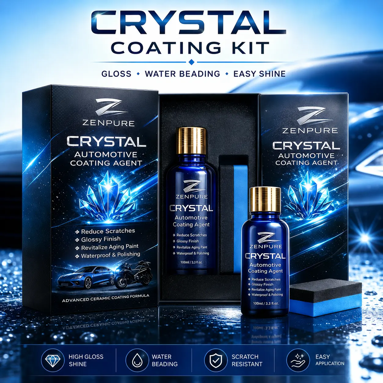 Crystal Car Ceramic Coating Kit High Gloss Paint Protection Hydrophobic Water Beading Scratch Resistance Car Polish for Cars SUV Motorcycle Detailing
