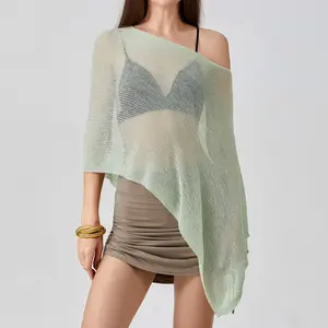 Women's Summer Knit Cover-up: See-through Solid Irregular Loose Pullover Beach Top for Vacation Swimwear
