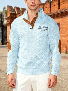 Men's Casual Knit Sweater with Letter Print, Vintage Diamond Weave Half-Open Cardigan, Long Sleeve, Warm and Comfortable, Street Style, Knitwear