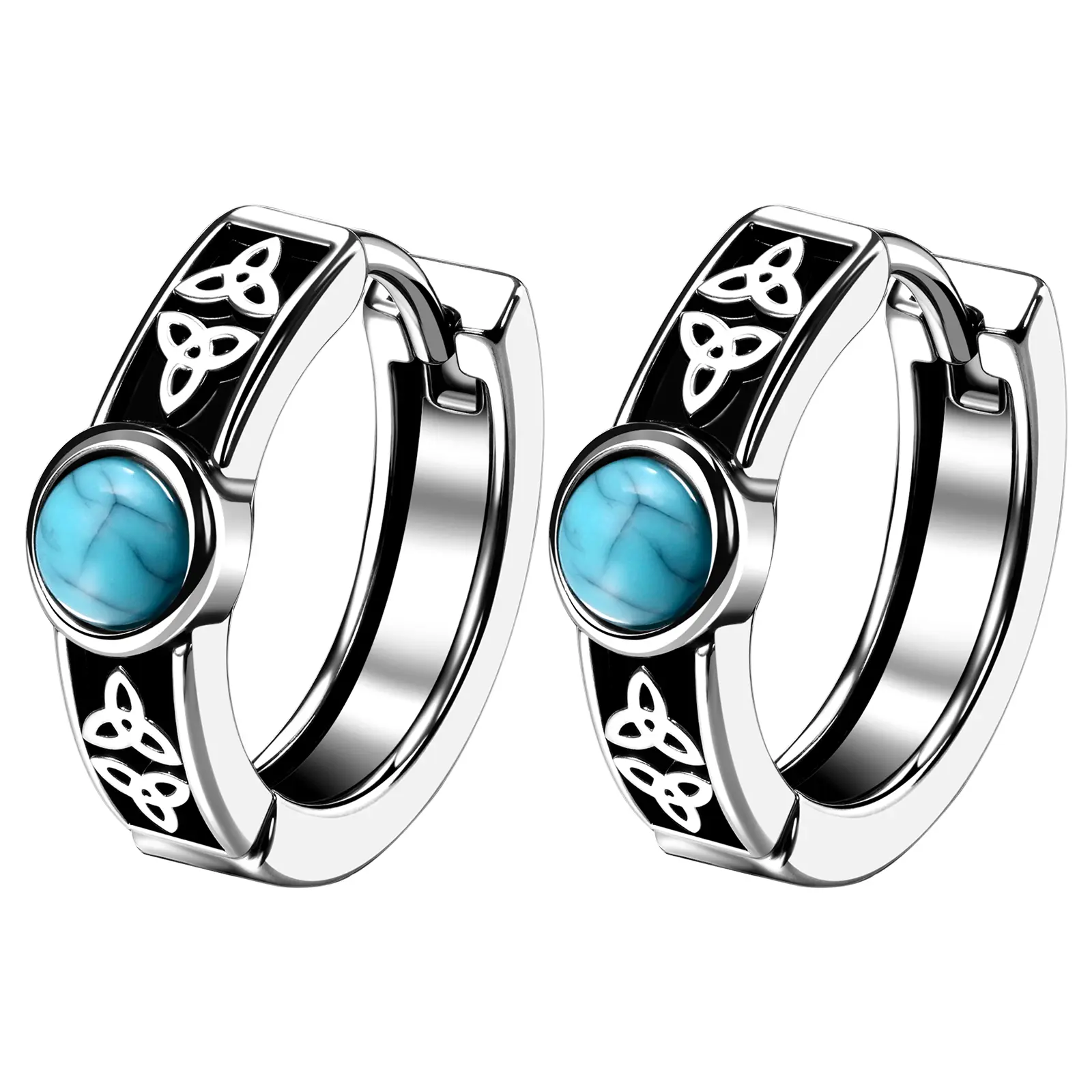 OIDEA Men's Celtic Knot Huggie Hoop Earrings, Stainless Steel Cultural Jewelry with Turquoise Stone, Lightweight 18g Amulet, Cultural Earrings, Anniversary, Birthday, 0.16" Width, 0.28" Wearing Length, 18G Wire Gauge
