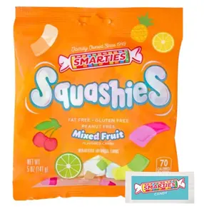 Smarties Squashies Mixed Fruit Flavor & Smarties Sampler Variety Pack- Peanut Free, Gluten Free & Fat Free Gummy Candy - Perfect for Birthday & Halloween Party Favors chewy candy - 5 oz Candy Bag (Pack of 1)