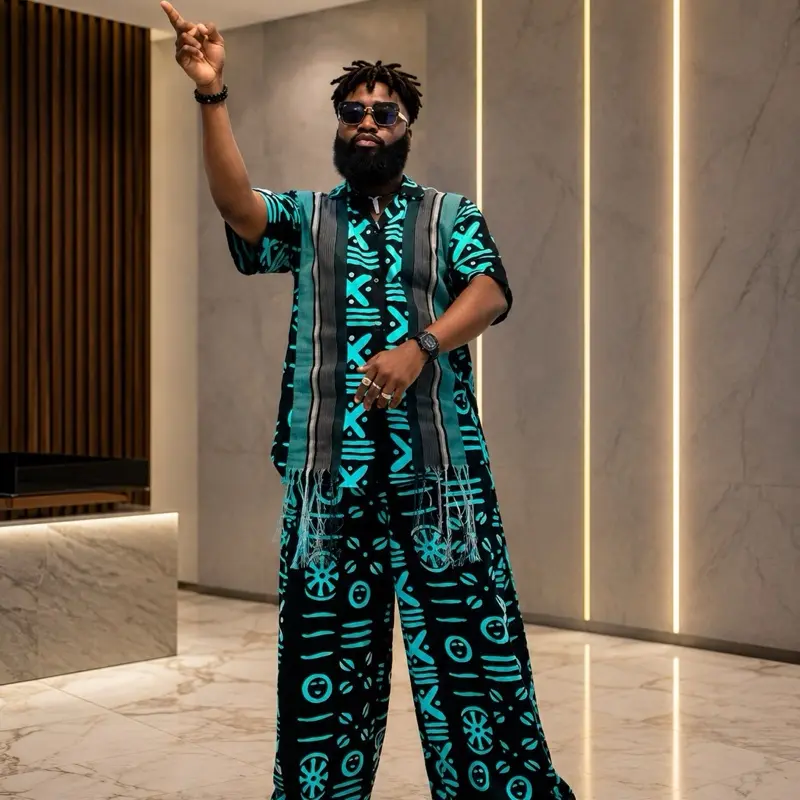 Men's Teal & Black Patterned Jumpsuit with Short Sleeves and Wide Leg Pants for Comfortable Wear