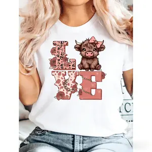 Plus Size Casual Crew Neck TShirt Featuring Highland Cow Love Graphic and Pink Floral Pattern Made from Polyester Knit Fabric with Slight Stretch for Summer Wear