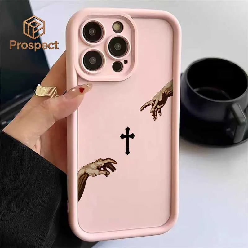 Light Pink Creation of Adam Hands Cross Vintage Faith Phone Case , For Galaxy S25, S24, S23, S22, S21 PLUS, FE And Ultra,Galaxy A33 Compatible With For Iphone17 Pro Max, 16, 15, 14 And 13. It Makes A Perfect Gift For Birthdays, Holidays,