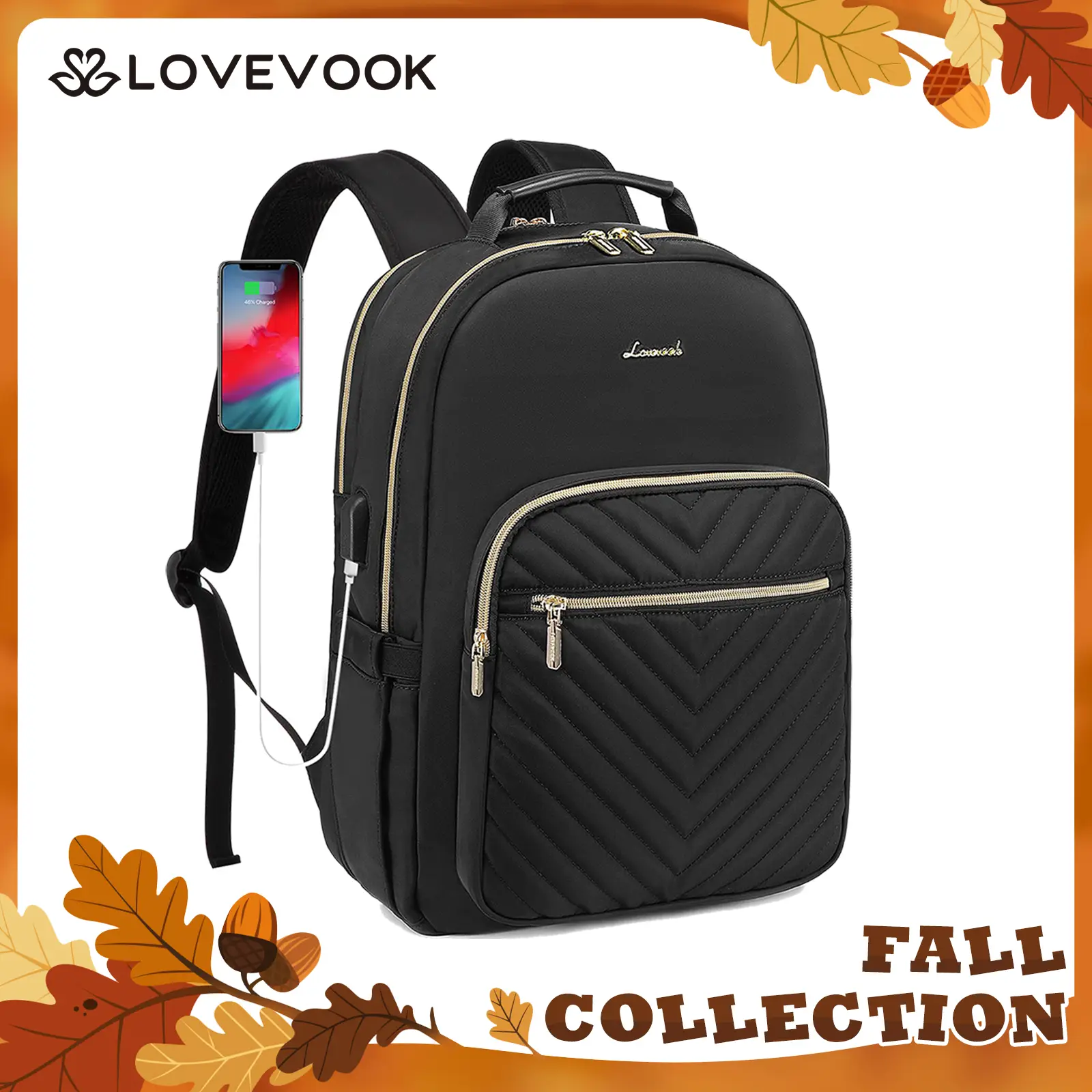 LOVEVOOK Fall Backpack with USB Port, Spring Glow Up Quilted Casual Work Bags for Women with Laptop Compartment, Daypack College Business Teacher Comp