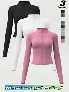 Women's High Elastic Stand Collar Thumb Hole Slim Fit Yoga Top, Breathable Long Sleeve Running Jacket, Athletic Outerwear, Spring & Fall Sportswear, S-Xxxl Sizes，“Size Up for a Better Fit”