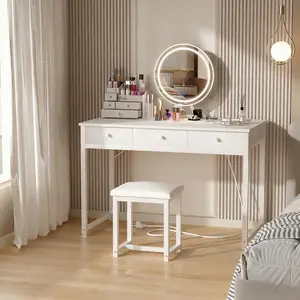Lufeiya White Makeup Vanity Desk with Mirror and Lights, 40 inch Make Up Vanity Desks with Fabric Drawers & Power Outlet, Dressing Table and Chair Set for Girls Bedroom, White/White Gold, Get Free Gift