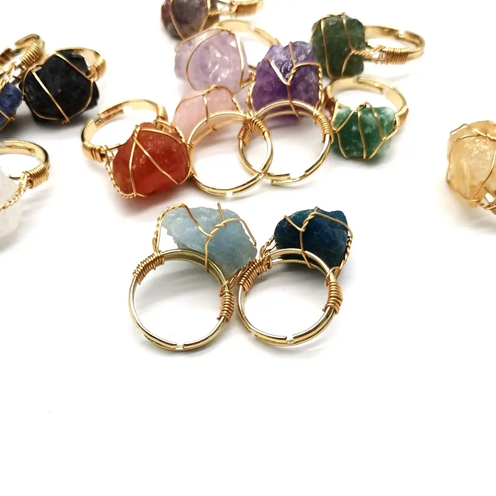 Personality Hand Wrapped Rough Stone Agate Ring, Hand-Wrapped Raw Stone Agate Ring – Boho Style Crystal Statement Jewelry