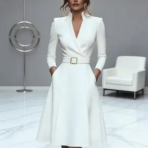 Solid Color Waist-Cinching V-Neck Flared Long-Sleeve Autumn/Winter Dress for Women