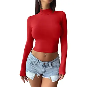 Women's Basic Mock Turtle Neck Long Sleeve Lightweight Double Lined Layering Slim Fitted Crop Top