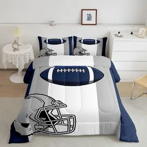 Feelyou Football Bedspread Set - Luxury Sports Bedding, Grey Blue Duvet Comforter Quilt with Football, Rugby, Soccer Ball Designs