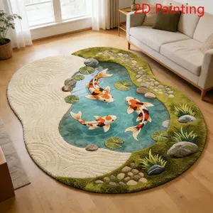 New Chinese Style Creative Living Room Carpet, Home Decorative Rug, Simulated Pond Koi Bedroom Bedside Rug Non-slip Green and White Contrasting Color Plush Washable Floor Mat