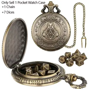Vintage Dragon Wings Pattern Pocket Watch Case with Pendant Chain, Includes 7 Mini Size Metal Polyhedral Dice Indoor Entertainment Tabletop Role Play Gaming Accessories, Portable Dice Storage Case