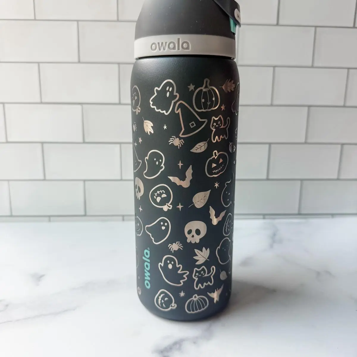 Owala Halloween FreeSip Insulated Water Bottle, Black Ghost Pumpkin Stainless Steel Flask with Straw