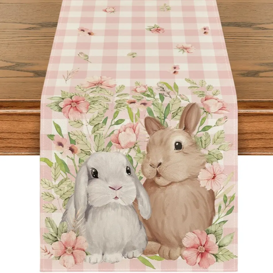 Easter Bunny Tablecloth with Flowers and Leaves, Plaid Pattern, Perfect for Kitchen Dining Room Party Decorations