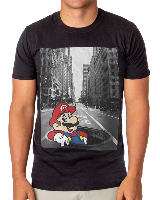 Super Mario T-Shirt Men's Black and White City Scene Adult Graphic Tee