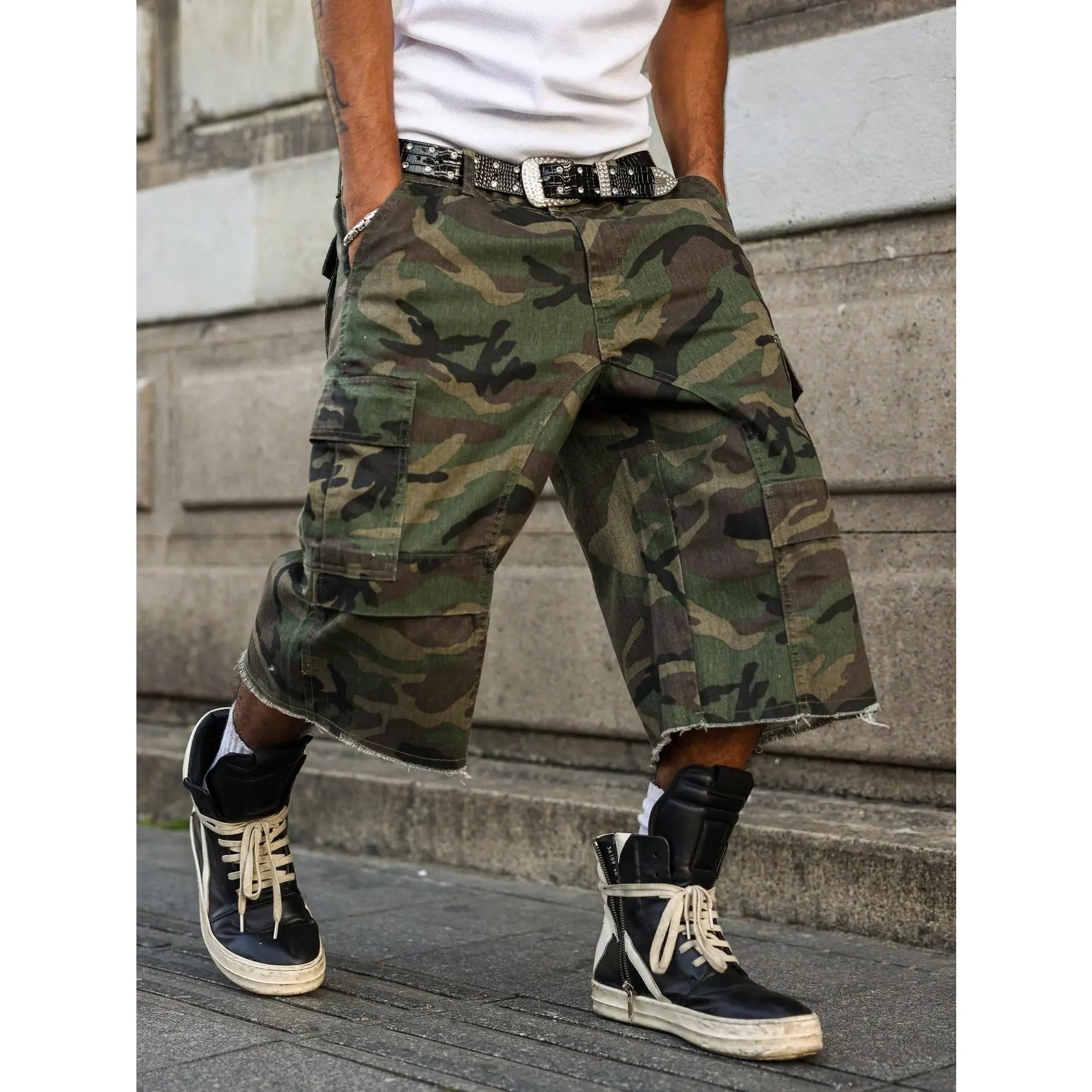 DealsForYouDays Casual Cargo Pockets Camouflage Frayed Hem Loose Denim Shorts Jorts Going Out Hang Out Streetwear