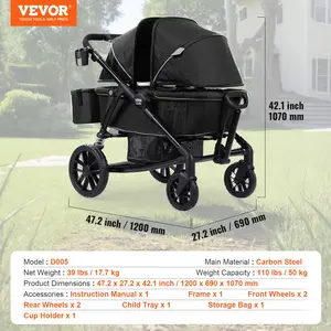 VEVOR All-Terrain Stroller Wagon, 2 Seats Foldable Expedition 2-in-1 Collapsible Wagon Stroller, Includes Canopy, Parent Organizer, Snack Tray Cup Holders, 55lbs for Single Seat, Black
