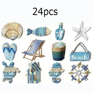 2D 24pc/36pc Summer Beach Ocean Wooden Decor Set with Marine Animals, Coastal Hanging Decorations for Home Tree Parties Hanging Ornaments