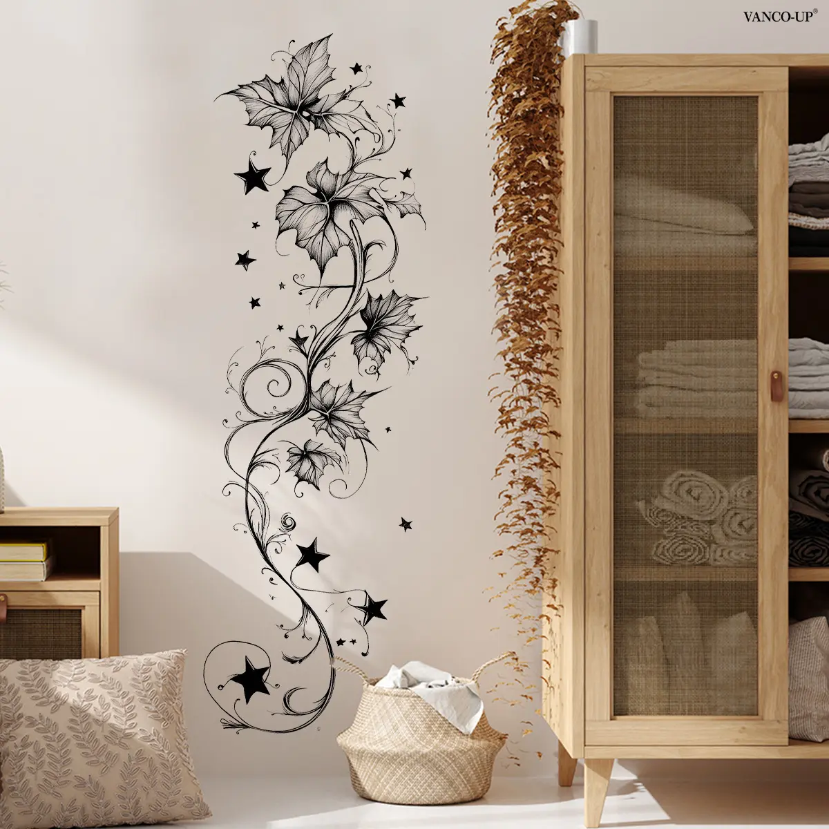 A 2D flat spring and summer hand-painted black and white simple vine and star creative home wall sticker, Decoration Items, Decorative Stickers for entrance decoration background wall, Interior Wall Decor, size 30*90cm, model M21001-YC