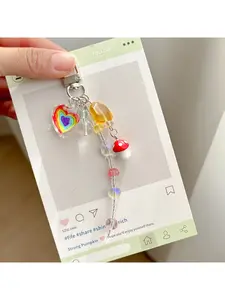 Colorful heart keychain, colorful beaded phone strap, original cute cartoon mushroom bag pendant, versatile