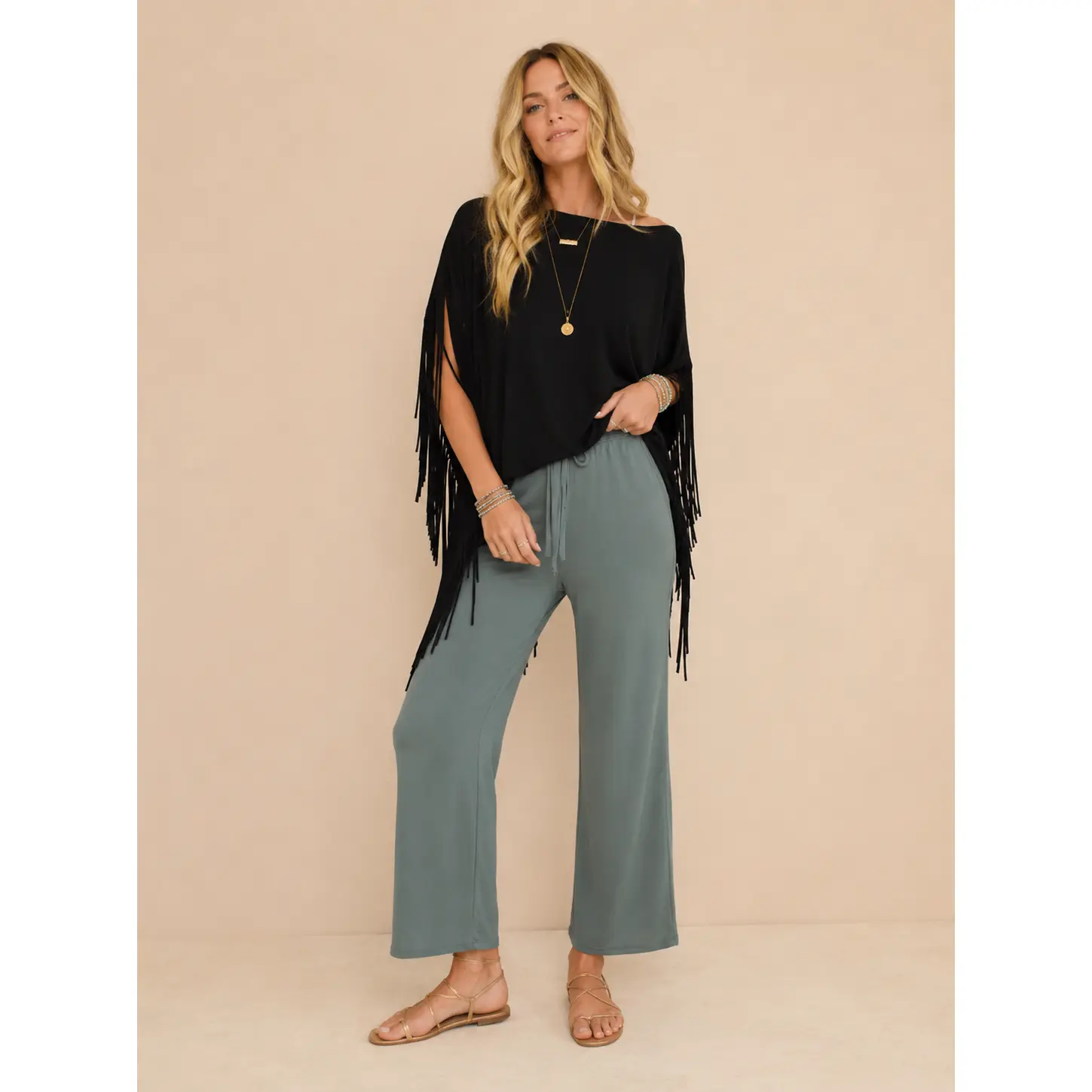 Women's The Showstopper Fringe Blouse - Lightweight Oversized Round Neck Fit Knit Drape Spandex Denim Shirts, Comfortable Casual Black Top