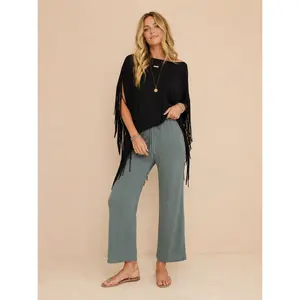 Women's The Showstopper Fringe Blouse - Lady's Comfortable Knit Drape Lightweight Spandex Denim Piece, Casual Black Top