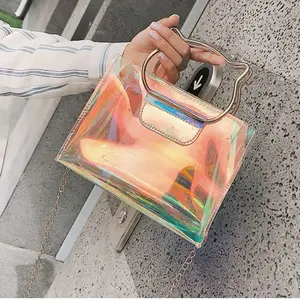 Cat Ears Handle Shape Crossbody Bag - Transparent Holographic Design with Gold Chain Strap for Women