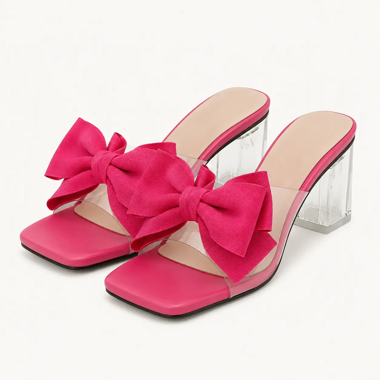 GeeYea women’s Pink Bow Clear Mule Heels, Square Toe Slip-On High Heel Sandals with Transparent PVC Strap, Clear Block Heel & PVC Sole, Elegant Party, Date Night & Spring Summer Shoes