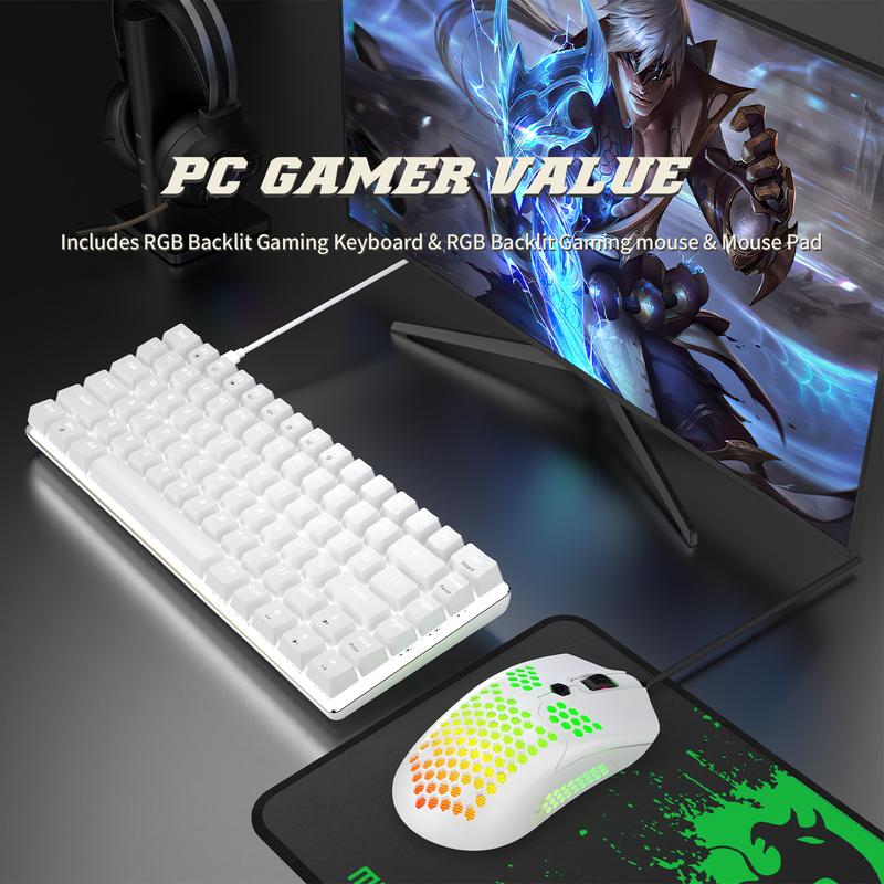 MAMBASNAKE×AJAZZ AK33 80% Mechanical Wired Gaming Keyboard & Mouse Pad, 3 in 1 Bundle with Rainbow LED Backlight, RGB 12000 DPI Honeycomb Case Lightweight Mouse, Large Mouse Pad for PC Gamers