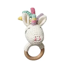 Poppy Crochet Wood Rattle, Handmade Cotton Unicorn Baby Rattle Toy, Natural Wood Ring BPA Free Non Toxic, Lightweight Easy Grip, Pastel, 2.5 in