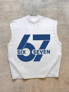 Trendy Casual Men's Short Tank Top, Digital 67 Elements + Stud + Graphic Design Sleeveless Shirt, Perfect for Gym, Streetwear, All Seasons