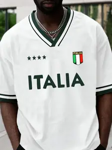 Men's Loose Fit Football Jersey, Vintage Italia Print, Italian Flag Badge, V Neck Striped Hem, High Quality Breathable Sports Top