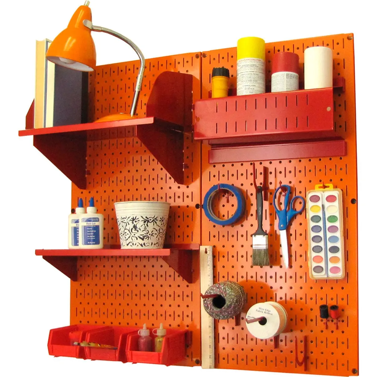 Premium Quality Steel Wall Control Formed Metal Pegboard Organizer Kit, Orange-Red - 32x32x9 in, 26 lbs - Garage Organization Slotted Hook Racks & Displays for Indoor Home Storage