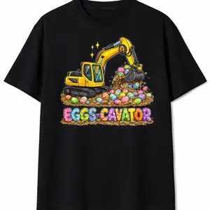 EGGS-CAVATOR Easter Excavator T-Shirt Fun & Colorful Graphic Tee Playful Holiday Design for Women Menswear Top