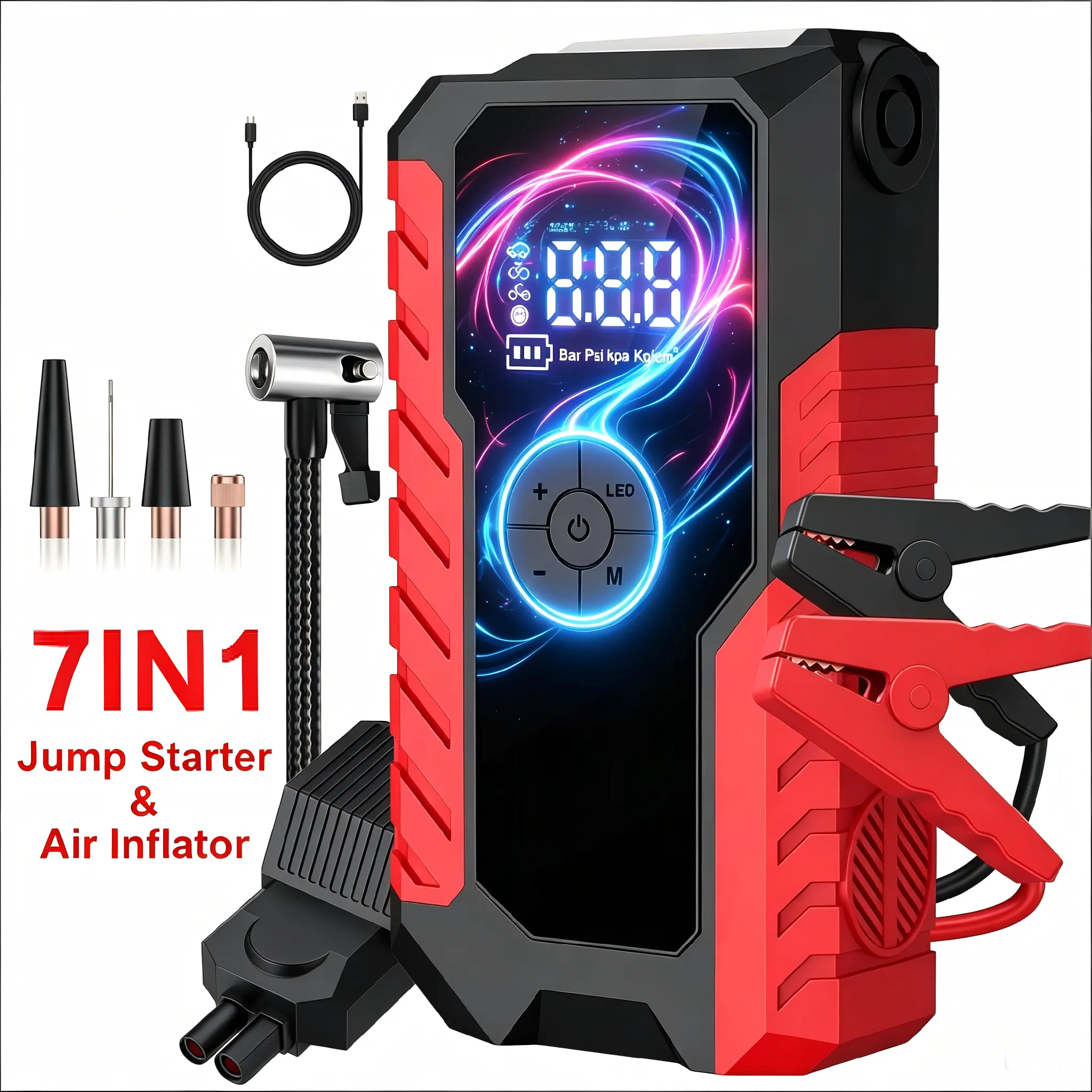 10000mAh Portable Car Jump Starter 12V Battery Booster Power Bank with Air Compressor Tire Inflator, LED Emergency Light, LCD Display and Smart Jumper Cables for Cars, SUVs, Trucks